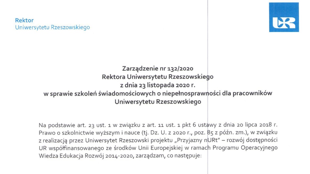 Zarządzenie nr 132/2020 Rektora Uniwersytetu Rzeszowskiego